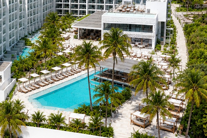 The main pool at Royalton Vessence Barbados on the Platinum Coast, framed by loungers and palm trees