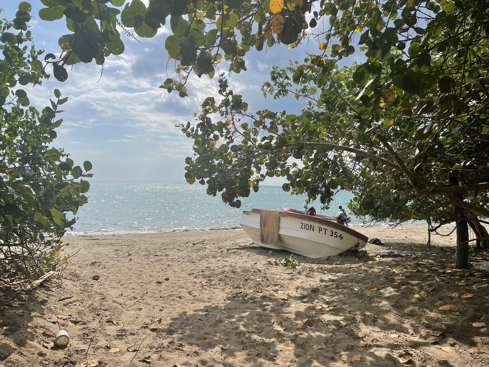 A wooden fishing boat pulled up on the turquoise-water beach, framed by sea-grape trees, at the launch point for Floyd's Pelican Bar