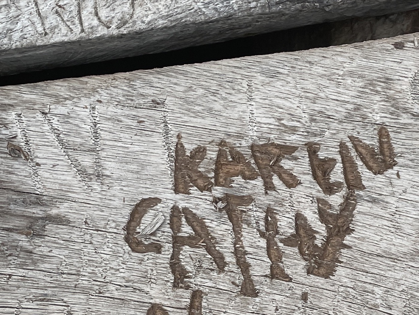 The names Karen and Cathy carved into a weathered plank at Floyd's Pelican Bar, alongside years of other visitors' initials