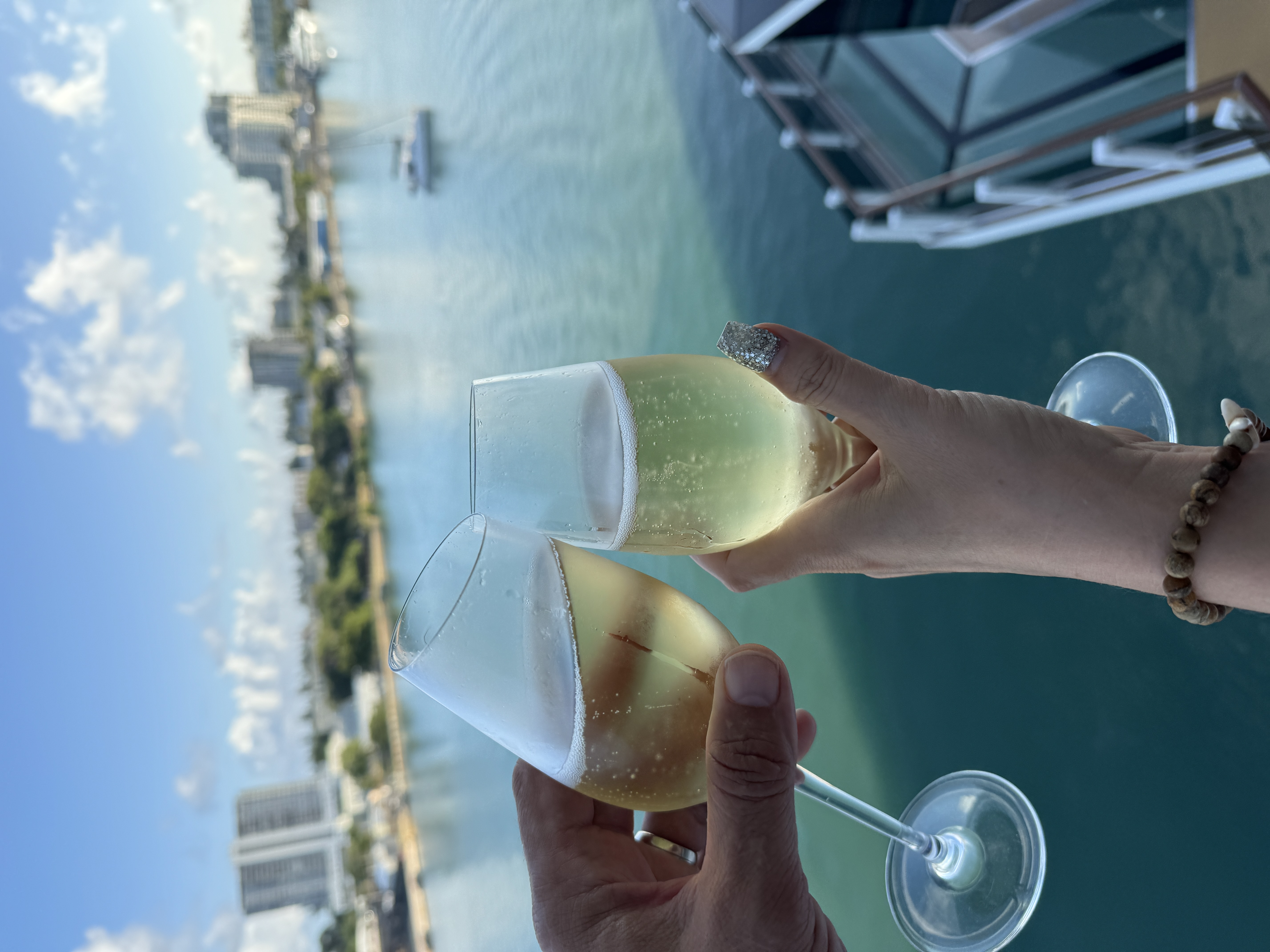 A champagne toast on our balcony overlooking the marina