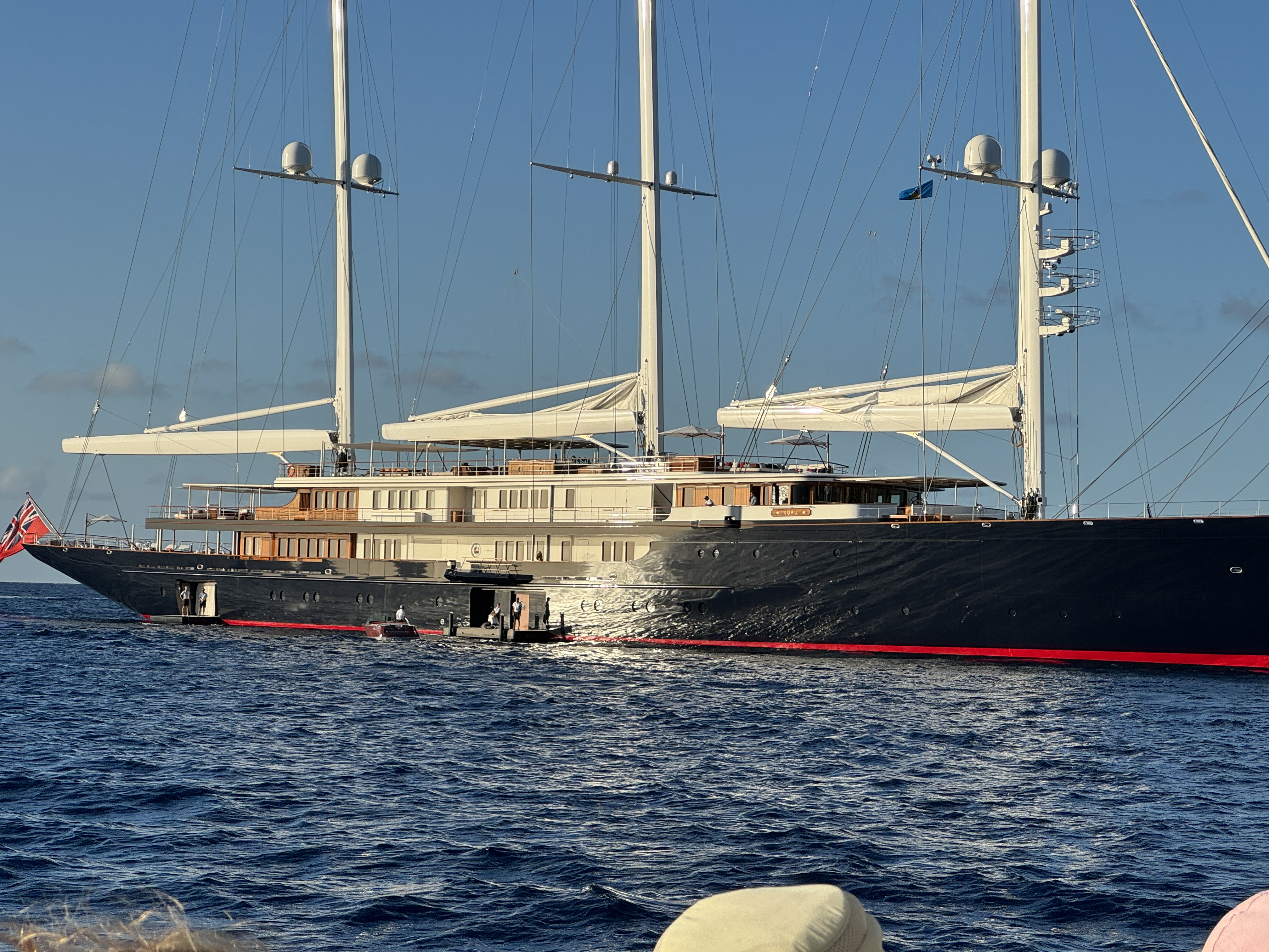 Jeff Bezos's sailing yacht Koru anchored off St. Lucia, seen from our catamaran