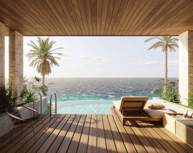 TUI BLUE Curaçao private-pool suite: a terrace with a plunge pool and ladder, looking out over the sea